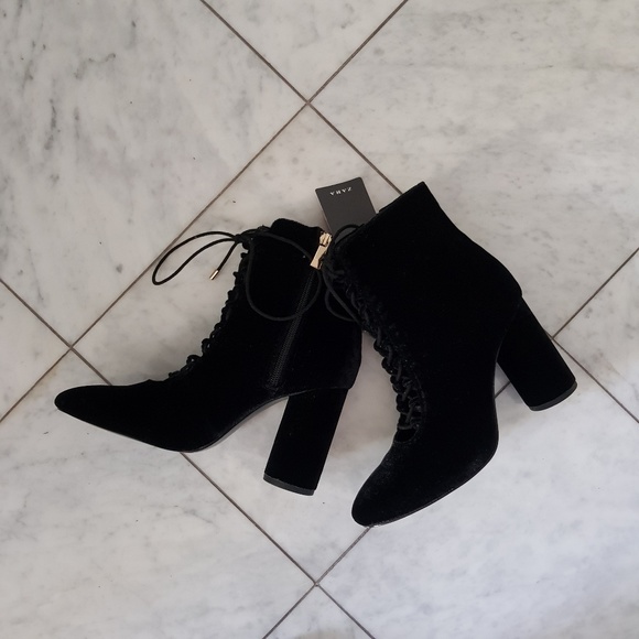 Zara Lace-Up Black Velvet Ankle Boots - Picture 6 of 8